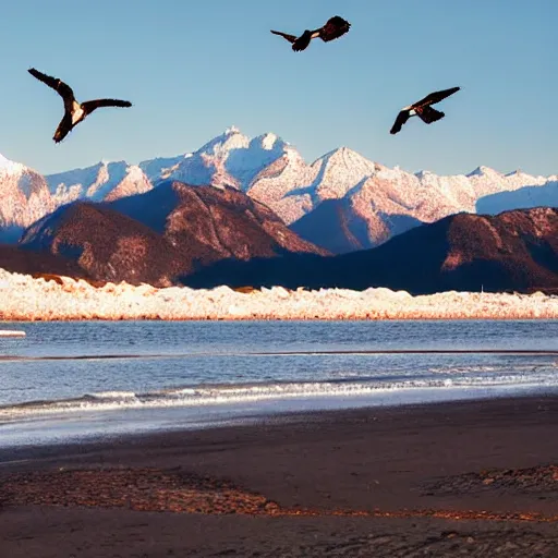 Image similar to Ultrarealistic, beautiful landscape of an oceanic beach with mountains in the background and the sun setting over the mountain peaks. Seagulls can be seen flying close to the beach. The mountains are extremely tall with snow caps on them.