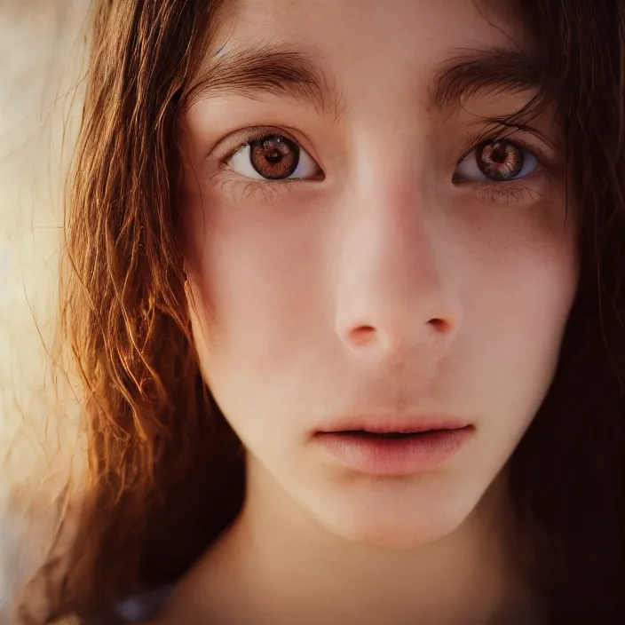 Prompt: Kodak Portra 400, 8K,low-key lighting, photographic extreme close-up face of a beautiful girl with clear eyes and brown hair , highly detailed, illuminated by a dramatic light, Low key lighting, high quality, photo-realistic.