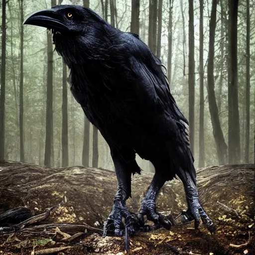 Prompt: !! werecreature consisting of male human and crow, photograph captured in a forest