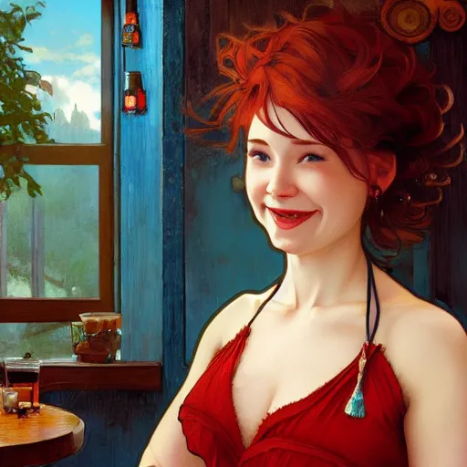 Image similar to a smiling happy beautiful barmaid with short blue hair wearing a red dress in a rustic saloon, beautiful blue eyes, fantasy, intricate and very beautiful and elegant, highly detailed, digital painting, artstation, concept art, smooth and sharp focus, illustration, art by tan zi and artgerm and alphonse mucha and peter mohrbacher