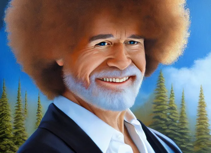 Image similar to a hyper-detailed oil portrait of Bob Ross; an extraordinary masterpiece!!!; flawless; proud posture; photorealistic eyes; trending on artstation; f/1.4; 90mm