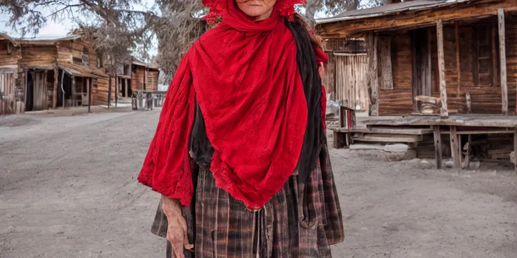 Image similar to beautiful frontier woman-wearing-red in a busy old-west town