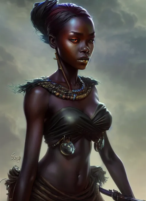 Image similar to character concept art of a dark fantasy african female, key visual, realistic shaded perfect face, fine details, dystopian environment and background, by stanley artgerm lau, wlop, rossdraws, james jean, andrei riabovitchev, marc simonetti, and sakimichan, trending on artstation