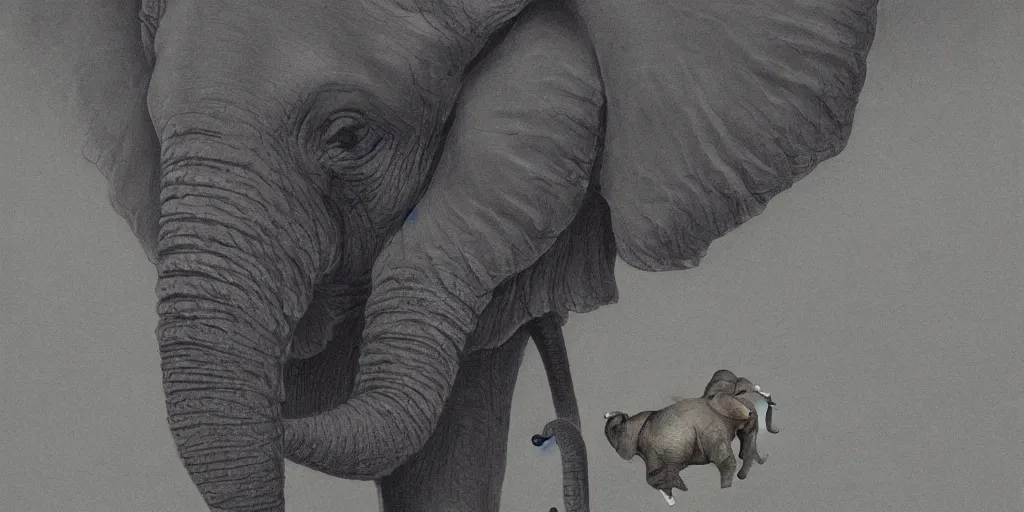 Image similar to a single purple elephant flying in the air like dumbo during a storm, close up of elephant with ground behind, illustration, detailed, smooth, soft, cold, by Adolf Lachman, Shaun Tan, Surrealism