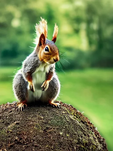 Prompt: a squirrel as king arthur, extremely plump, wearing crown of acorns and dandelions, servant squirrels, king arthur's court, game of thrones, sitting on throne, extreme wide shot, low angle, palace, fantasy art, cinematic lighting, realistic, sony 2 4 mm f 8. 0