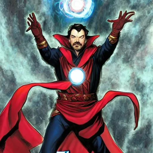 Prompt: Portrait of doctor strange in Iron man's armor, graphic novel, art by Ardian Syaf