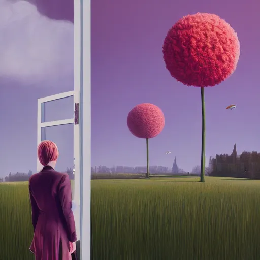 Image similar to huge flower as head, woman in suit standing by tall modern windows, luxury apartment, surreal photography, sunlight, impressionist painting, digital painting, artstation, simon stalenhag