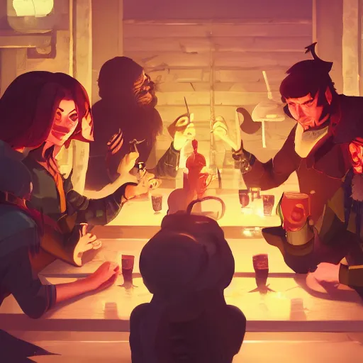 Prompt: a party of d & d characters drinking in a tavern, ambient lighting, 4 k, lois van baarle, ilya kuvshinov, rossdraws, erol otus, artstation