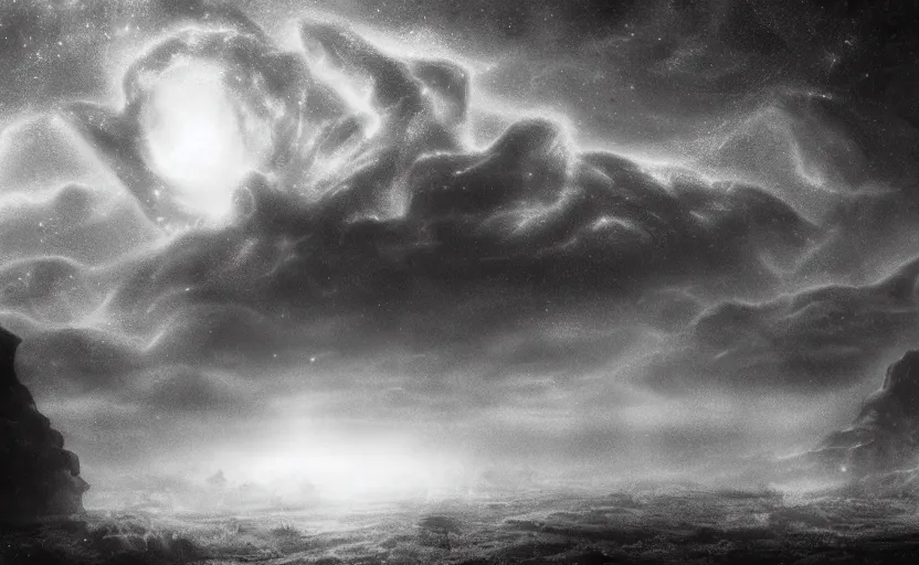 Prompt: lovecraftian horror, lovecraft, monochrome, moody, lighting study, cthulhu, galactic nebula, volumetric fog