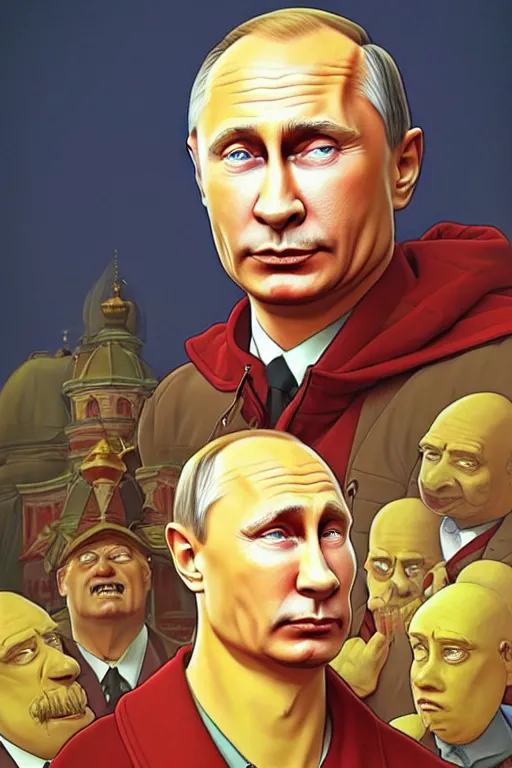 Image similar to vladimir putin as the simpsons character, realistic portrait, symmetrical, highly detailed, digital painting, artstation, concept art, smooth, sharp focus, illustration, cinematic lighting, art by artgerm and greg rutkowski and alphonse mucha