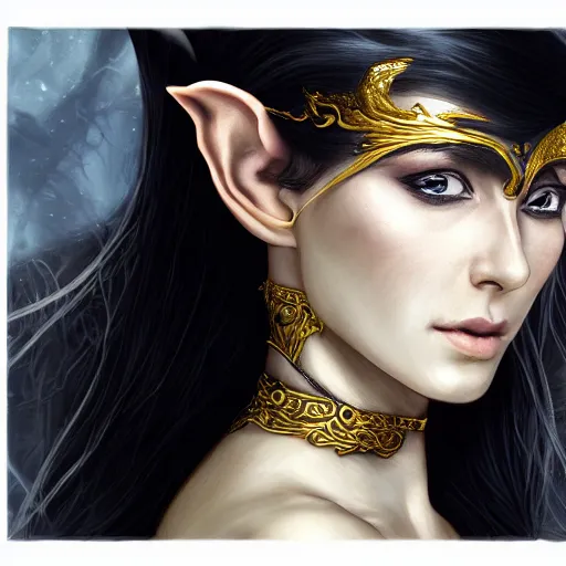 Image similar to side portrait of a female elven warrior, fantasy, head tilted down, black hair, gold armour, gold jewelry, white skin, detailed face, trending on artstation, gsociety, D&D, elegant, highly detailed, sophisticated, hyperrealistic, detailed illustration, smooth, sharp focus, upper body, intricate, rule of thirds, holy glow, backlit, hd 4k by Greg Rutkowski, Charlie Bowater, Karol Bak