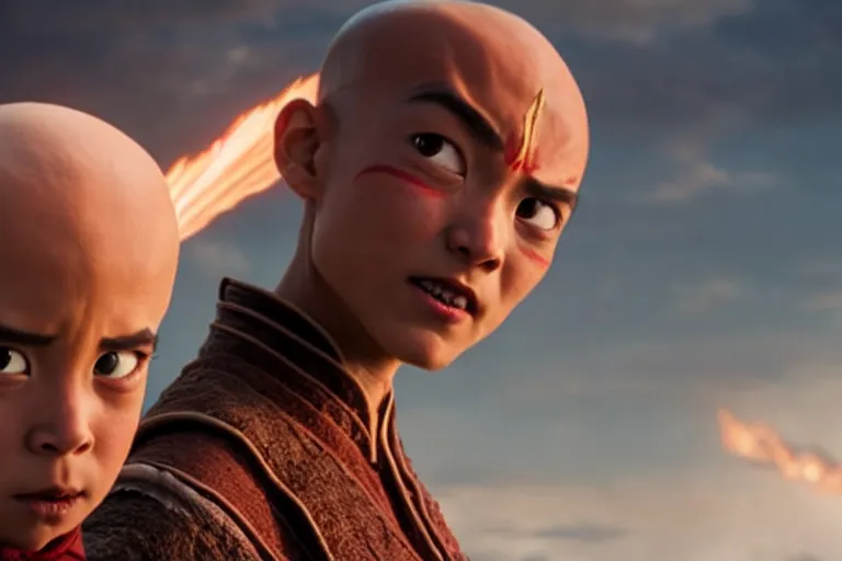 Prompt: live action film still of aang in the new fantasy movie, cinematic lighting