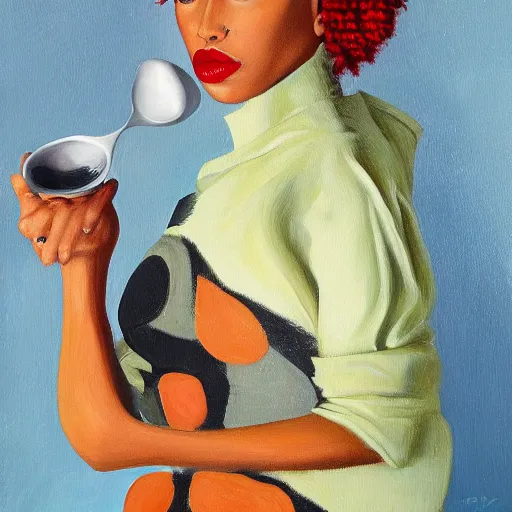 Image similar to Portrait of Doja Cat holding a spoon in her hand, painting of