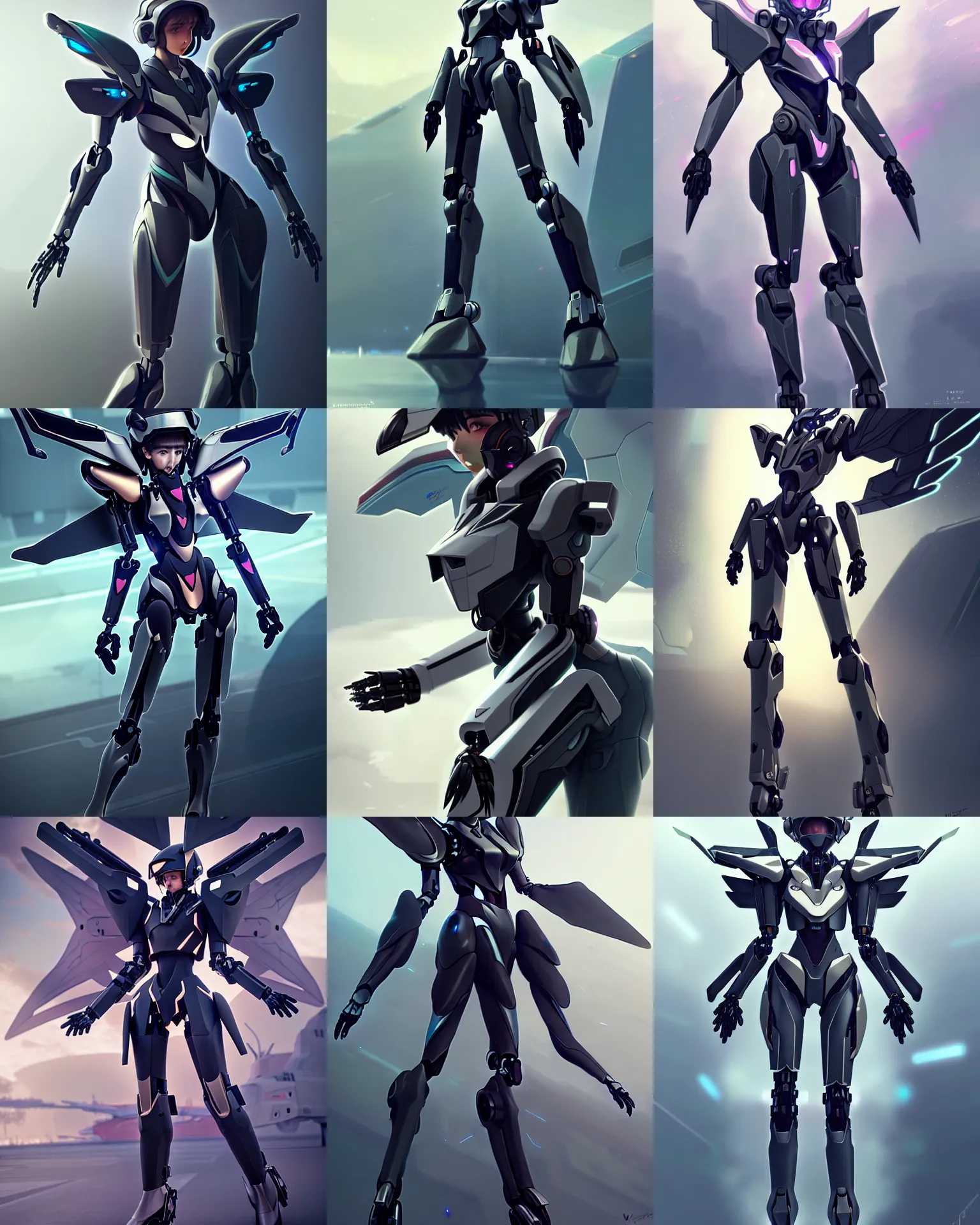 Image similar to uncropped stealthy Feminine mecha (with futuristic jet armor and wings) with a heart visor helmet, symphogear, full body character portrait, hi-tech, trending on Artstation, black armor, digital painting, concept art, sharp focus, illustration, art by WLOP and Greg Rutkowski