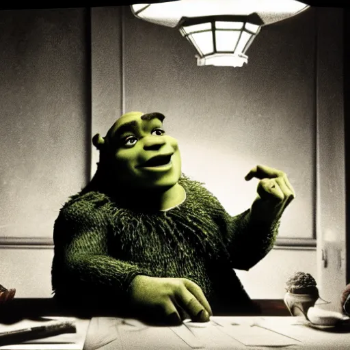 Prompt: movie still, shrek as michael in the godfather, film grain, realistic photo, 1 9 8 0 s, old movie, 1 6 mm