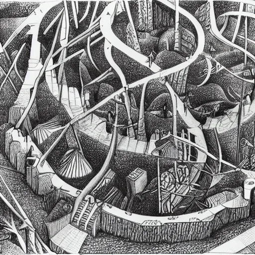 Prompt: a non - euclidean city by the river with a forest, detailed drawing by m. c. escher