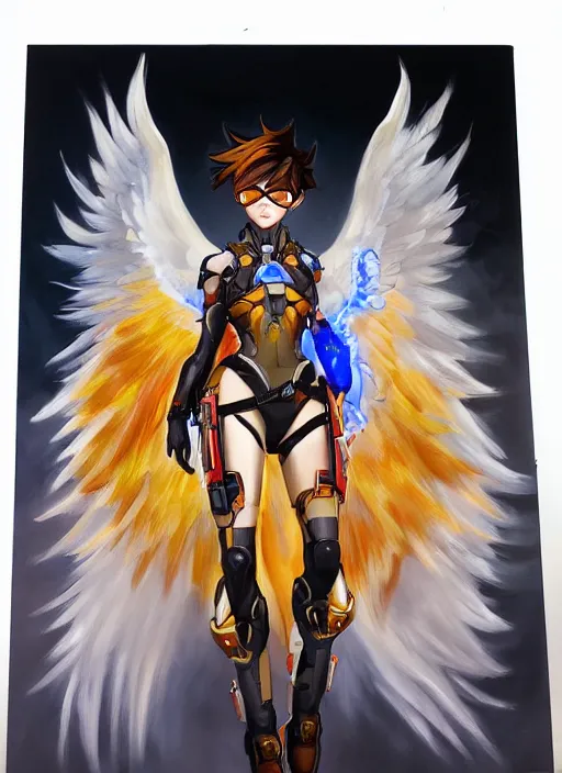 Prompt: full body oil painting of tracer overwatch in the style of mark brooks, angel wings, dramatic painting, symmetrical composition, wearing gold detailed choker, angelic, lights, flowers, heavenly, bright, detailed face,