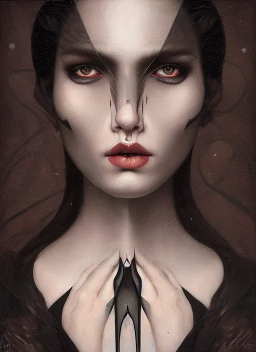 Prompt: symmetrical realistic, portrait, close - up, dark witch, painting by tom bagshaw, smooth, sharp focus