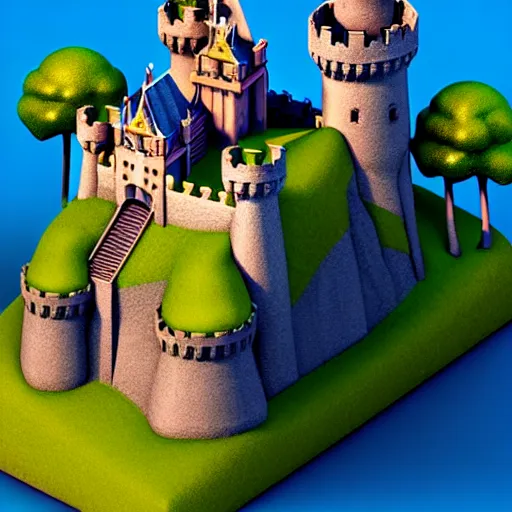 Prompt: Isometric 3D Fantasy Cute Castle, Smoth 3D Illustration, Whimscal!!, Cinematic Matte Painting, soft render, Daniil Kudriavtsev, handpaint texture, Blender, 3DCoat