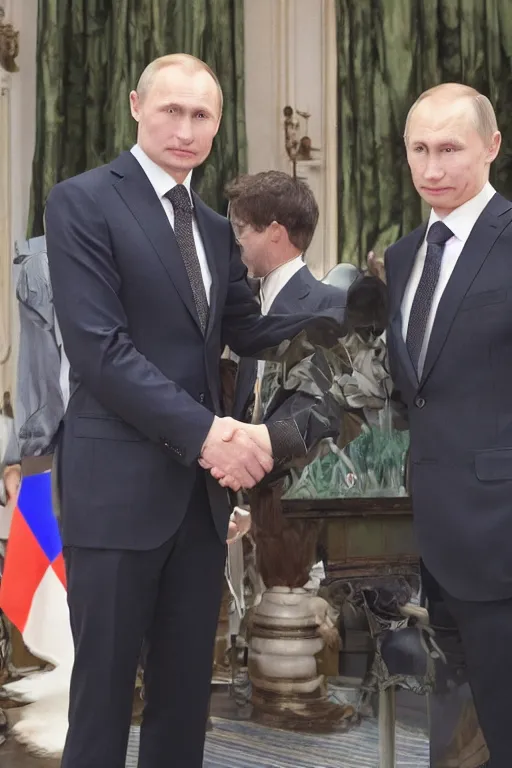 Prompt: Chess champion Magnus Carlsen shaking hands with Vladimir Putin, official photo, Sigma 50mm f/5.6, extremely detailed, photorealistic, high quality