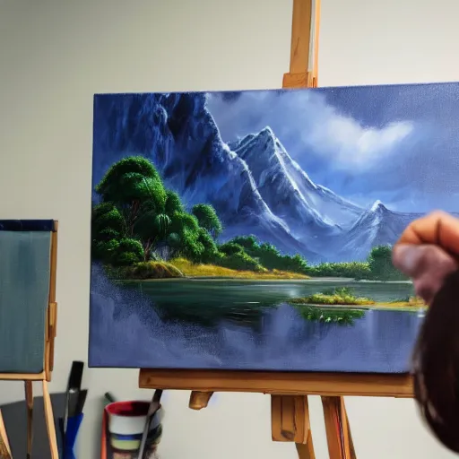 Image similar to a closeup photorealistic photograph of bob ross working on a canvas painting of spiderman. film still. brightly lit scene. mountains and trees. this 4 k hd image is trending on artstation, featured on behance, well - rendered, extra crisp, features intricate detail, epic composition and the style of unreal engine.