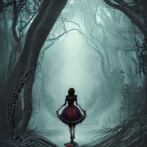 Prompt: realistic artnouveau style american mcgee's alice mysterious portrait madness returns layers of fear style in a foggy twisted forestsharp focus very detailed 8 k cinematic