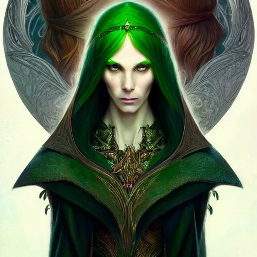 Image similar to Portrait of serious female elven priest, D&D, green eyes, face, long red hair, demon wings, fantasy, intricate, elegant, highly detailed, digital painting, artstation, concept art, smooth, sharp focus, illustration, art by artgerm and greg rutkowski and alphonse mucha