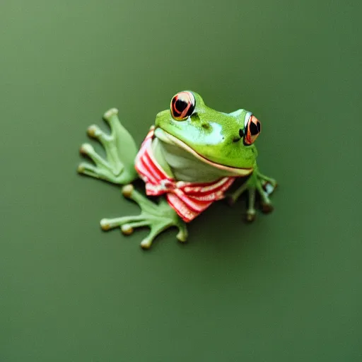 Prompt: photo of frog wearing a leaf on its head in the shape of fedora, kodak portra 4 0 0 color negative film