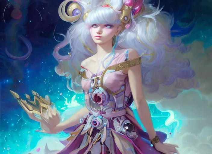 Image similar to close up picture of an maximalist dress magical girl, neat hair with bangs, smug face, extremely beautiful and aesthetic and detailed cute face and eyes, wipe out evils with cute astronaut familiar sprites, aming the magical beams to the camera, chiaroscuro, intricate, masterpiece, epic fantasy illustrations by peter mohrbacher and anato finnstark and jeremy lipking