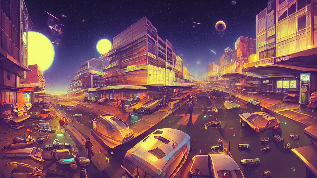 Prompt: the busy city street looking towards the spaceport at night by cyril rolando and naomi okubo and dan mumford