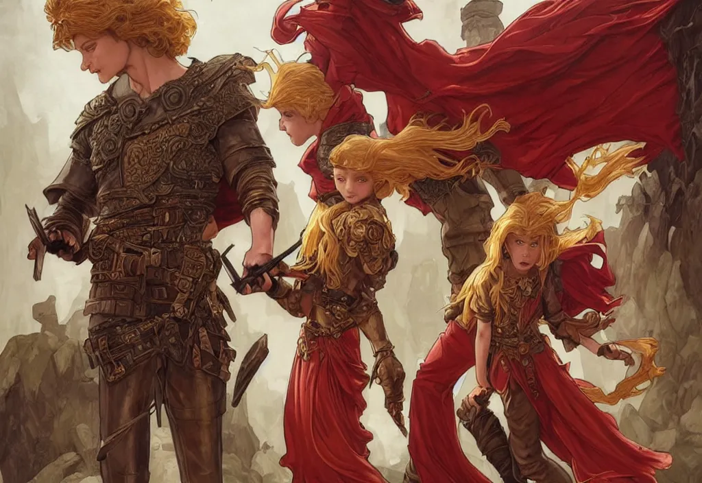 Image similar to an epic fantasy comic book style painting of a young red headed girl with a book in one arm meeting a young boy thief with blonde wearing plain brown leather thief clothes, d & d, fantasy, intricate, elegant, highly detailed, digital painting, artstation, concept art, matte, sharp focus, illustration, art by artgerm and greg rutkowski and alphonse mucha