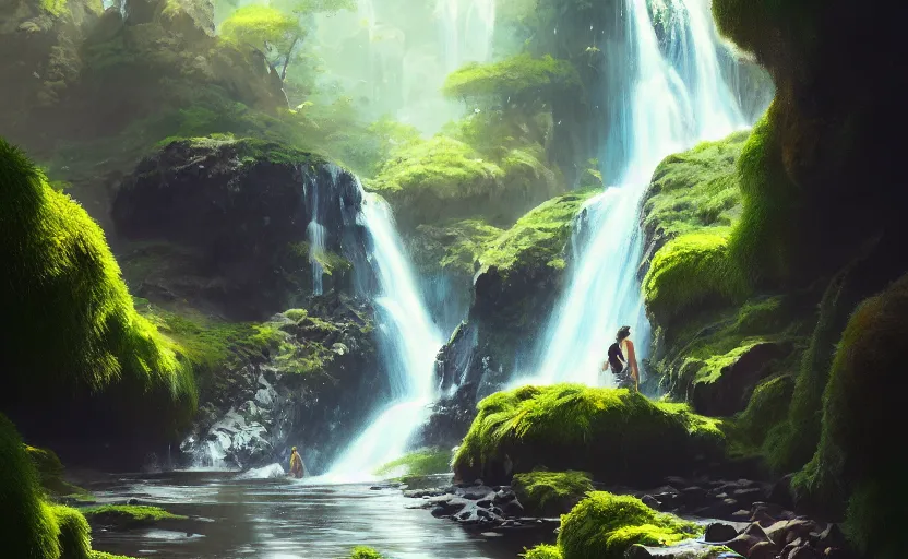 Prompt: flowing waterfall + lush rockscape + gushing clear water full of fish and algae, highly detailed, digital painting, artstation, concept art, smooth, sharp focus, illustration, art by wlop, mars ravelo and greg rutkowski