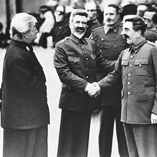 Image similar to photo of stalin and trump shaking hands, award winning photo, 3 5 mm camera