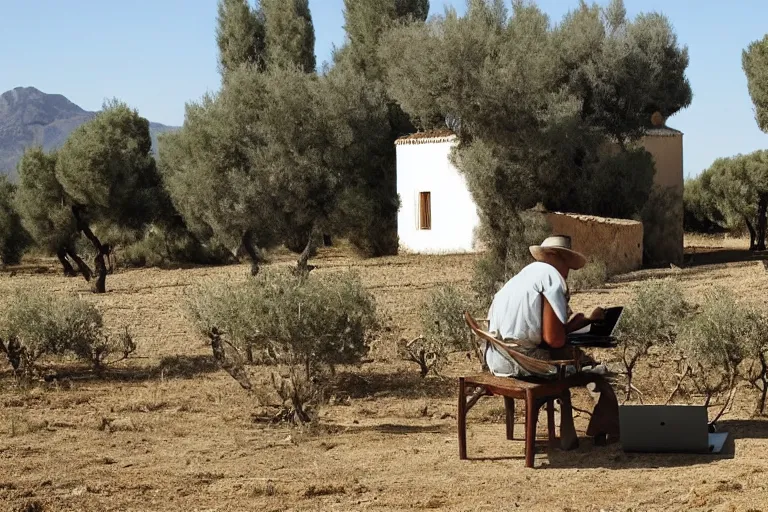Prompt: old photo of an andalusian farmer using a laptop in a big cortijo