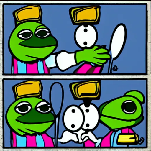 Prompt: suspicious pepe with spoons