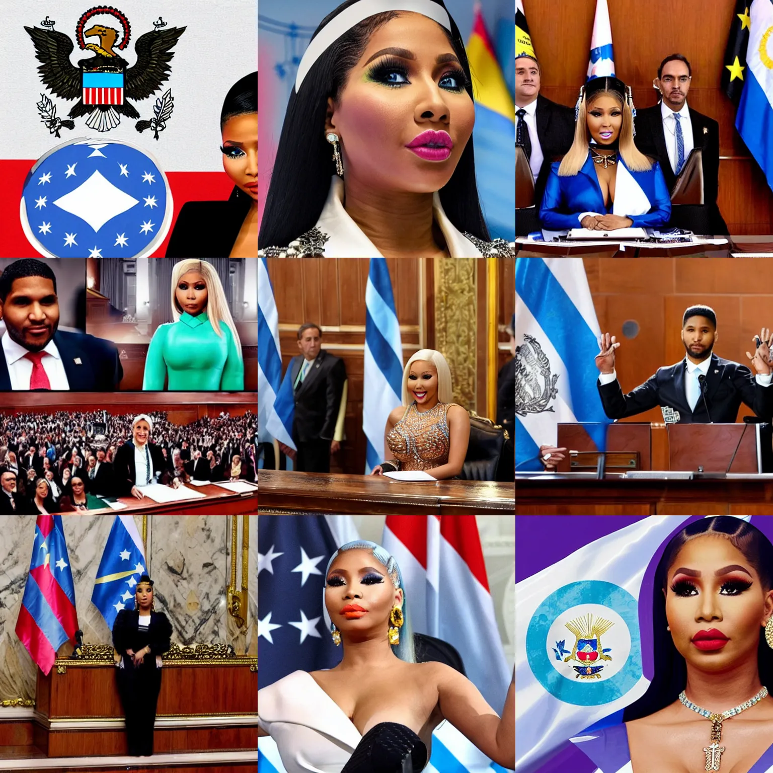 Image similar to Nicki Minaj as the president of Argentina, in the Argentine Congress, wearing presidential band, flags of Argentina behind, detailed picture