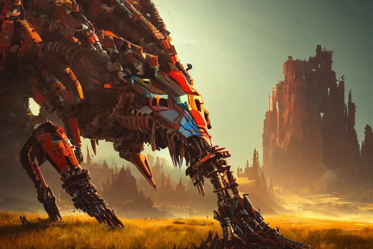 Image similar to sawtooth machine mecanical creature robot of horizon forbidden west horizon zero dawn radiating a glowing aura global illumination ray tracing hdr fanart arstation by ian pesty and alena aenami artworks in 4 k