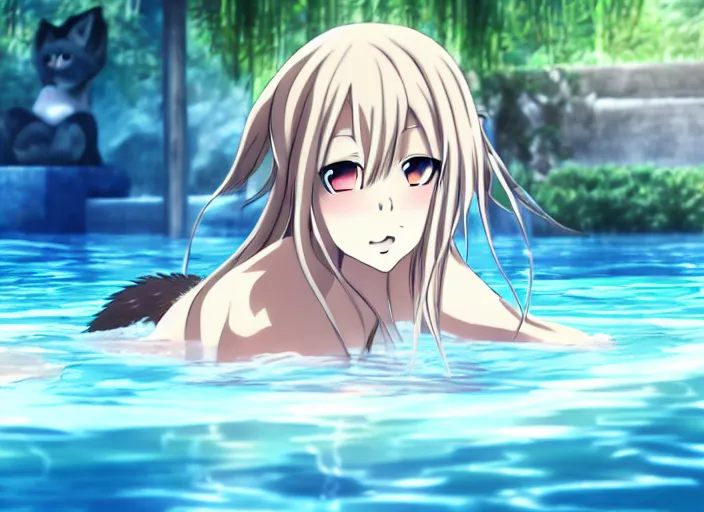 Image similar to A screenshot of An anime wolf girl bathing amongst the pool