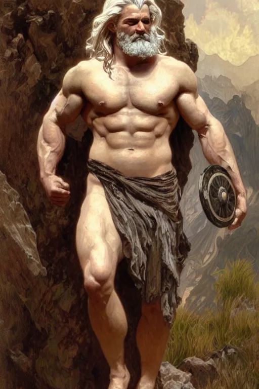 Image similar to painted portrait of rugged zeus, god of thunder, greek god, white hair, masculine, mature, handsome, upper body, muscular, hairy torso, fantasy, intricate, elegant, highly detailed, digital painting, artstation, concept art, smooth, sharp focus, illustration, art by gaston bussiere and alphonse mucha