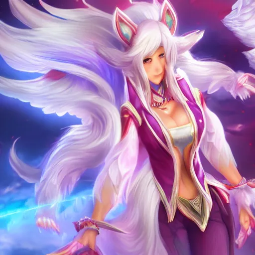 Image similar to ahri, official art, render, highly detailed