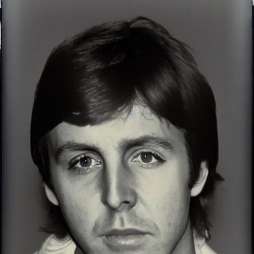 Image similar to Polaroid Portrait of a younger 1970s 35 year old Paul McCartney, taken in the 1970s, photo taken on a 1970s polaroid camera, grainy, real life, hyperrealistic, ultra realistic, realistic, highly detailed, epic, HD quality, 8k resolution, body and headshot, film still, front facing, front view, headshot and bodyshot, detailed face, very detailed face, by Andy Warhol