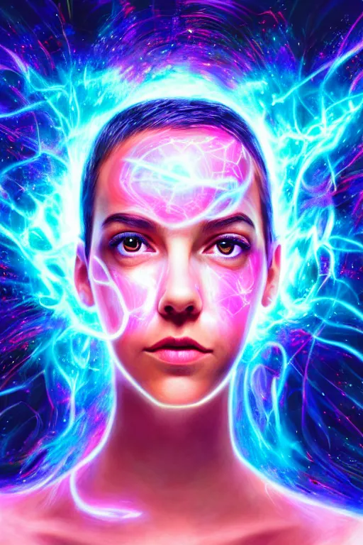 Image similar to a photorealistic painting of an attractive young girl, clothed in ethereal forcefields, surrounded by colorful transparent plasma, emitting psychic powers, beautiful bone structure, perfectly symmetrical face, perfect eyes, intricate, elegant, ultra-detailed, digital painting, concept art, illustration, sharp focus, minimal artifacts, volumetric lighting, from Valerian and the City of a Thousand Planets, in the style of Artgerm and Loish, fantasy scene, fantasy aesthetic, trending on Artstation and Tumblr, award winning