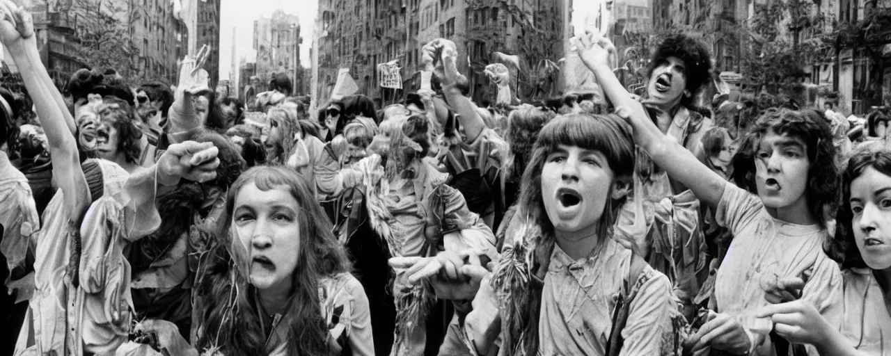 Image similar to hippies protesting spaghetti, 1 9 6 0's, high detailed face, realistic faces, small details, intricate, canon 5 0 mm, wes anderson film, kodachrome