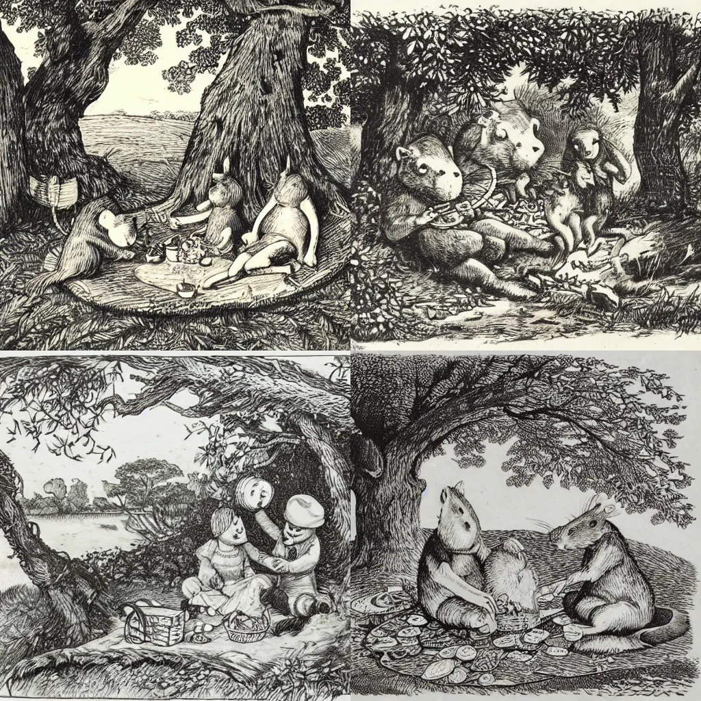 Prompt: wood engraving of water rat and mole having a picnic beneath a tree in style of e.h. shepard