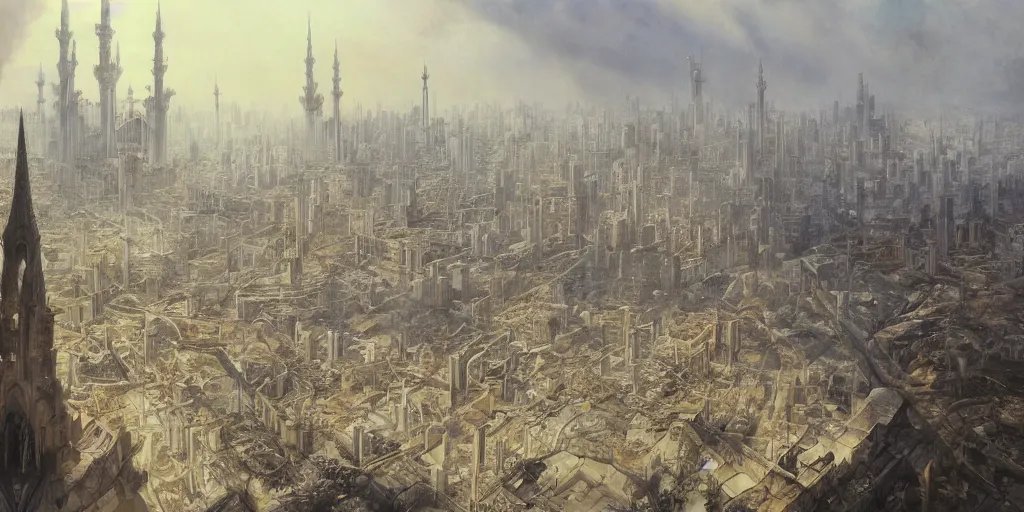 Image similar to a beautiful painting of epic fantasy islamic city and zaha hadid city by alan lee, trending on artstation