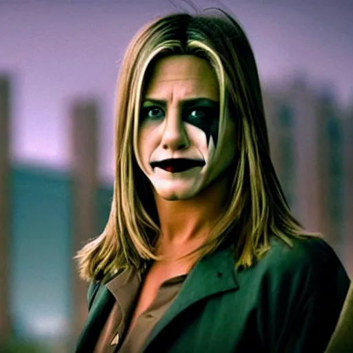 Image similar to stunning awe inspiring jennifer aniston as the joker, movie still 8 k hdr atmospheric lighting