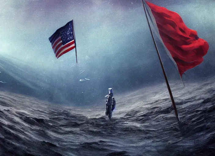 Image similar to astronaut holding a flag in an underwater desert. a submarine is visible in the distance. dark, concept art, cinematic, dramatic, atmospheric, 8 k, trending on artstation, blue, fish, low visibility, fog, ocean floor, christopher nolan, interstellar