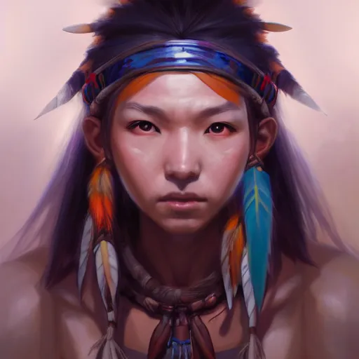 Image similar to anime portrait of a American native shaman by Stanley Artgerm Lau, WLOP, Rossdraws, James Jean, Andrei Riabovitchev, Marc Simonetti, and Sakimichan, trending on artstation