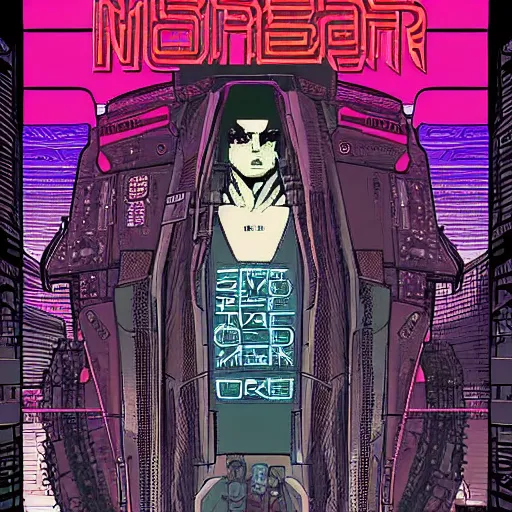 Image similar to Neuromancer cyberpunk cover in Moebius style, energetic