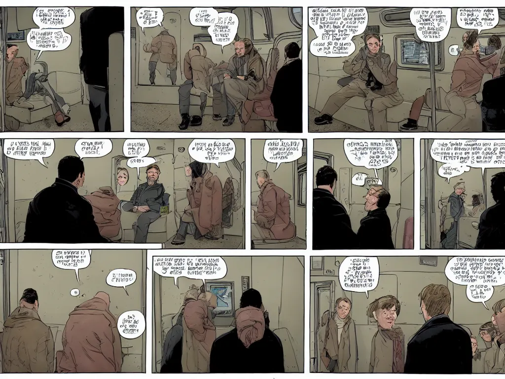 Image similar to a single comic panel by Geoff Darrow, 3/4 low angle view wide shot of two people sitting in an empty Chicago subway train, in front of windows: a sad Aubrey Plaza in a parka and a friendly Mads Mikkelsen in a suit